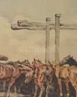 Benyovszky István (1898-1969): Itatás. Színezett rézkarc, papír, jelzett. Üvegezett fakeretben, 31x4...