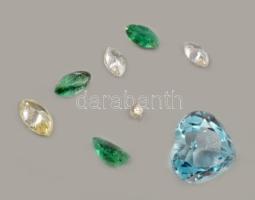 Csiszolt drágakövek. Gyémánt 0,2ct, akvamarin 6 mm, kis smaragdok.