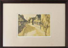 Keleti Jenő, ifj. (1943-): Utcarészlet. Színes linómetszet, papír, jelzett, számozott (100/77), üveg...