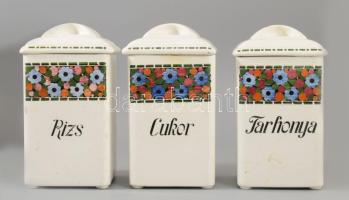 Gránit 3 darab antik fedeles fűszertartó, rizs, cukor, tarhonya, kopással, m: 19 cm