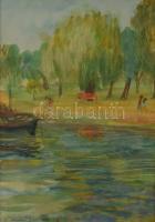 Kocsisné András Gizella (1918-): Balatonpart. Monotípia, papír, jelzett, paszpartuban. 34x23 cm