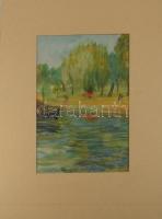 Kocsisné András Gizella (1918-): Balatonpart. Monotípia, papír, jelzett, paszpartuban. 34x23 cm