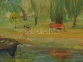 Kocsisné András Gizella (1918-): Balatonpart. Monotípia, papír, jelzett, paszpartuban. 34x23 cm