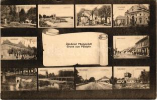 1917 Pöstyén, Piestany; mozaiklap, Vágparti hajómalom, Ferenc József fürdő, Gyógyház, Erzsébet út, fürdők gőzszivattyúja. Gipsz H. kiadása / multi-view postcard with floating watermill (boat mill), baths, street view, steam pump of the spa (EK)