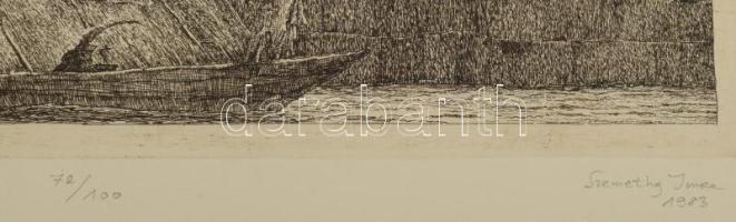 Szemethy Imre (1945- ): Rakparti jelenet az "Angol Királynő"-nél, 1983. Rézkarc, papír, je...