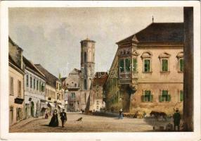 Budapest I. Szentháromság tér a budai városházzal és a Mátyás templommal. Rudolf Alt rajza után készült színezett kőnyomat Sandmanntól. Budapest Székesfőváros Múzeuma