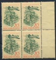 1958 Repülő (VI.) 20f ívszéli 4-es tömb a jobb felső bélyegen az értékszámban fehér folt