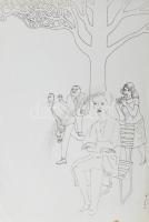 Kozma György (1954-): Társaság (cím nélkül). Tus, papír, jelezve jobbra lent, lap alján apró folttal, 32x22 cm