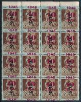 1946 Betűs Tl.2./10f/4f 16-os ívszéli tömb elcsúszott piros felülnyomással (az ívszélen falc, 1 bélyegen rozsda)