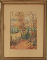 Králik Andor (1908-1981): Lombhullás. Akvarell, papír, jelzett. Üvegezett, kissé sérült fakeretben, ...