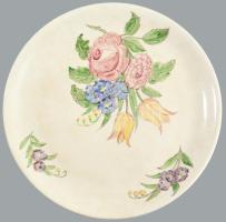 Fischer Emil Budapest népi virágmintás festésű dísztál, jelzett, mázrepedéssel, minimális mázhibával, d. 28,5 cm