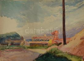 Mende Gusztáv (1899-1963): Vár és ipari létesítmény látképe. Akvarell, papír, jelzett. 42x57,5 cm