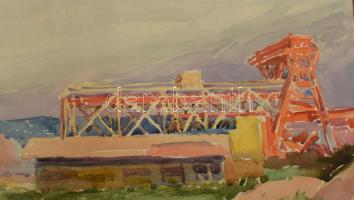 Mende Gusztáv (1899-1963): Vár és ipari létesítmény látképe. Akvarell, papír, jelzett. 42x57,5 cm