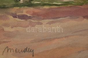 Mende Gusztáv (1899-1963): Vár és ipari létesítmény látképe. Akvarell, papír, jelzett. 42x57,5 cm