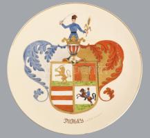 1890 Schütz Cilli falitányér, a Purgly család címerével festve, jelzett, restaurált, d. 37,5 cm /// ...