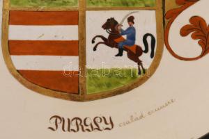 1890 Schütz Cilli falitányér, a Purgly család címerével festve, jelzett, restaurált, d. 37,5 cm /// ...