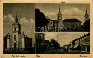 Técső, Tiacevo, Tiachiv, Tyachiv; Római katolikus templom, Piactér, utca. Szépi János kiadása / church, square, street (EK)