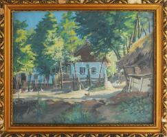 Velten Armand (1890-1974): "Erdőben" (Gödöllő környéki táj), 1930-40 körül. Tempera, karton. Jelzés nélkül. Hátoldalán Nemzeti Szalon kiállítási raglappal. Üvegezett, sérült fakeretben. 39,5x48 cm