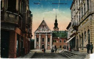 Zsolna, Zilina; Ferenc-rendiek tere, szálloda, divatáruház. Vasúti levelezőlapárusítás / square, hotel, shops (b)