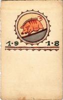 1918 Kézzel festett újévi üdvözlőlap malaccal / hand-painted New Year greeting art postcard with pig (szakadás / tear)