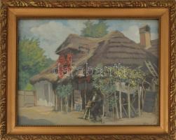 Velten Armand (1890-1974): Köszörülés (Gödöllő környéke), 1930-40 körül. Tempera, karton. Jelezve jobbra lent. Üvegezett, kissé sérült fakeretben. 39,5x48 cm