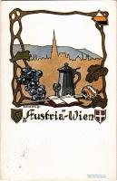 1927 Wien, Vienna, Bécs; Austria-Wien. Pressverein Linz a. D. Akad. Buchdruckerei. Art Nouveau Studentica art postcard with coat of arms and fencing sword s: E. Langeder (EK)