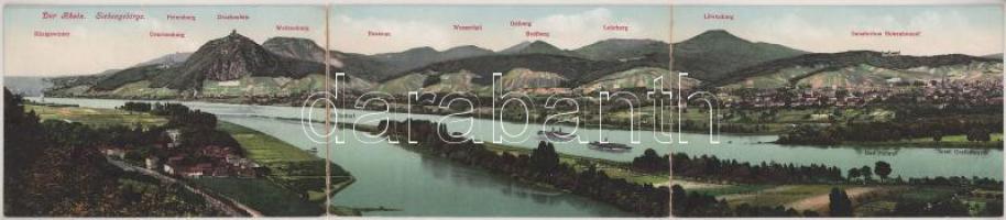Der Rhein. Siebengebirge / map, steamship. 3-tiled folding panoramacard (bent til broken)