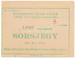 1958. "Budapesti Ipari Vásár" tárgysorsjáték sorsjegye 4Ft értékben "S sorozat" T:XF hajtatlan, sarokhajlás, pici beszakadások