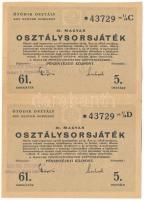 1948. "61. Magyar Osztálysorsjáték" 5. osztály egynegyed sorsjegye (2x) "C" + "D" vágatlan ívben, felülbélyegzéssel T:XF, ceruzás firka