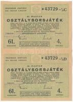 1948. "61. Magyar Osztálysorsjáték" 4. osztály egynegyed sorsjegye (2x) "C" + "D" vágatlan ívben, felülbélyegzéssel T:XF, ceruzás firka