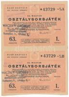 1949. "63. Magyar Osztálysorsjáték" 1. osztály egynegyed sorsjegye (2x) "A" + "B" vágatlan ívben, felülbélyegzéssel T:XF, ceruzás firka, pici beszakadás