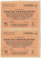 1948. "61. Magyar Osztálysorsjáték" 3. osztály egynegyed sorsjegye (2x) "C" + "D" vágatlan ívben, felülbélyegzéssel T:XF, ceruzás firka