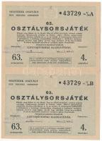 1949. "63. Osztálysorsjáték" 4. osztály egynegyed sorsjegye (2x) "A" + "B" vágatlan ívben, felülbélyegzéssel T:XF, ceruzás firka
