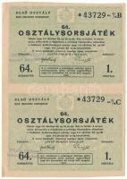 1949. "64. Osztálysorsjáték" 1. osztály egynegyed sorsjegye (2x) "B" + "C" vágatlan ívben, felülbélyegzéssel T:XF, ceruzás firka