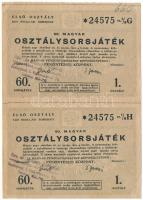 1947. "60. Magyar Osztálysorsjáték" 1. osztály egynyolcad sorsjegye (2x) "G" + "H" vágatlan ívben, felülbélyegzéssel, vízjeles papíron T:XF-VF, ceruzás firka, sarokhajlások