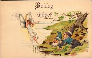 1899 Boldog Újévet / New Year greeting art postcard with dwarves and fairy. litho