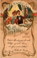 1899 Szívélyes újévi üdvözlet / New Year greeting art postcard. Art Nouveau, litho (EM)