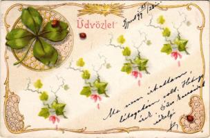 1899 Üdvözlet / greeting art postcard with ladybugs and clover. Art Nouveau, floral, litho (EK)