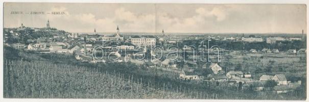 1910 Zimony, Semlin, Zemun; 2-részes kihajtható panorámalap. A. Stepner kiadása / 2-tiled folding panoramacard (ázott / wet damage)