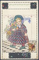 Girl with dog; hand coloured