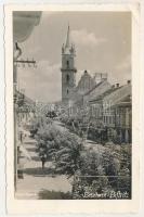 1941 Beszterce, Bistritz, Bistrita; Kórház utca, Czitron üzlete, Evangélikus templom / street view, shops, Lutheran church (EB)
