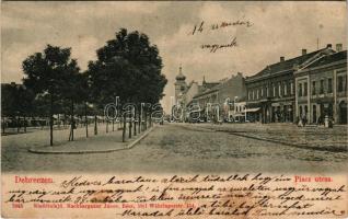 1900 Debrecen, Piac utca, üzletek. Nachbargauer János kiadása (ázott / wet damage)