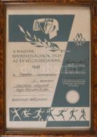 1962 A MÚOSZ Sportújságírók díja az év legjobbjainak Dömötör Zoltán (1935-2019) olimpiai érmes, későbbi bajnok vízilabdázó, úszó részére Üvegezett keretben 22x32 cm