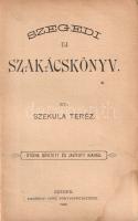 Szekula Teréz: Szegedi új szakácskönyv. Ötödik, bővített és javított kiadás. Szeged, 1900. Endrényi Imre könyvkereskedése (Endrényi Imre ny.) 463 + [1] p. Szekula Teréz (1832-1895) híres szegedi vendéglősnő, a Durbints, a Kispipa, a Dugonics szegedi vendéglők szakácsnője, a híres szegedi Rézi nénik egyike. Szakácskönyvének legkorábbi adatolható kiadása 1890-ből való. A mű elsősorban a kezdő háziasszony számára készült, és célzata, hogy megismertesse őt a magyaros ételekkel - a francia és egyéb nemzeti konyhák receptjei csak elvétve találhatók fel a kötetben: "Béka, lóhús vagy nyúlmódra készítendő macskák leírására nincs ugyan könyvemben hely; megtartottam azonban a franczia konyha jobb étkeit, de csak olyan arányban, hogy azért az egész könyvön vezérfonal gyanánt a magyar nemzeti étkek és magyaros elkészítési mód húzódik végig". A Szegedi új szakácskönyvet követő szakácsnő maga is jelen van disznóöléskor és maga tollatlanítja a szárnyasokat, ám befőzéskor már az újabb kor olyan találmányait is beveti, mint amilyen a boltokban kapható tartósítószer, a szalicil. Új kiadásunk érdekessége az előszóban megfogalmazott nemzetjellemtani útmutatások sora: "A Szegedi Új Szakácskönyv a magyar gazdasszonyok a jó ételeknek olcsón való előállítására tanítja, és evvel nagyobb hasznot hoz a magyarságnak, mint sok más könyv, mert egészséges testben lakhatik egészséges lélek. Rosszul táplált emberek rendszerint buták is. Az a nemzet halad, amely jól eszik és iszik. A halzsírral főző eszkimók, a kókuszdión élő kafferek, a csigákat szopogató pápuák még most is a gorillák nívóján állnak [...] A magyar nép erélyének lankadását sok tekintetben a rossz étkezési rendszernek és belső tartalomra nézve silány tápláléknak tulajdoníthatjuk. A német konyha többet ártott a hungarizmusnak, mint Bach és az ő politikai rendszere. Az ősmagyar ételek, melyek legjobban feleltek meg faji természetünknek, klimatikus viszonyainknak, eltűntek. A Generalsaft uralma elpörölte a nyársat, a rostélyt; a nyers vöröshagyma kiűzte a láz ellen annyira hathatós paprikát. A paprikát adjuk vissza gazdasszonyaink kezébe, és ha családjának bármily szerény, de erőteljes ételt ad, nagyobb szolgálatot tesz vele, mintha gyárilag előállított ebédek hosszú sorozatával traktálja". Példányunk néhány oldalán apró foltosság, néhány levél fűzése meggyengült. Első kötéstábláján színes kőnyomatú rajzzal illusztrált, kissé sérült, enyhén hiányos és kopott kiadói félvászon kötésben.