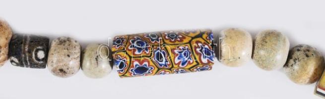 Antik nyaklánc nagyméretű murano millefiori szemekkel, h: 80 cm