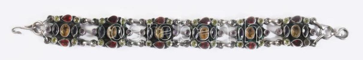 Ezüst (Ag) karkötő, drágakövekkel, citrin, topáz, gránát, peridot, bruttó 42g