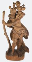 A folyón átkelő Szent Kristóf, vállán a kis Jézussal. Antik faragott fa szobor, jelzés nélkül, m: 61 cm