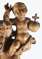 A folyón átkelő Szent Kristóf, vállán a kis Jézussal. Antik faragott fa szobor, jelzés nélkül, m: 61...