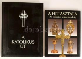 2 db vallási könyv: Possonyi László (szerk.): A katolikus út. Szekszárd, 2002, Babits Kiadó. Hasonmás kiadás. Kiadói műbőr-kötés. + Gáspár Zsuzsa - Maros Donka (szerk.): A hit asztala. Az áldozattól az istentiszteletig. Öt vallás liturgikus tárgyaiból. Bp., 1990, Officina Nova. Kiadói egészvászon-kötés, kiadói papír védőborítóban.