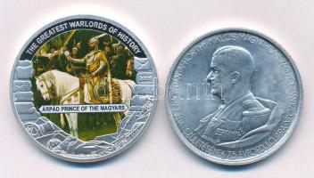 1943. 5P Al "Horthy Miklós születésének 75. évfordulójára" kapszulában + Libéria 2009. 5$ ezüstözött Cu "Nagy Hadvezérek - Árpád fejedelem" multicolor festéssel kapszulában T:AU,PP Hungary 1943. 5P Al "75th Birthday of Miklós Horthy" in capsule + Liberia 2009. 5 Dollars silvered Cu "The Greatest Warlords of History - Árpád prince of the Magyars" with multicolor picture in capsule C:AU,PP Adamo P8.3, Krause KM#?1038